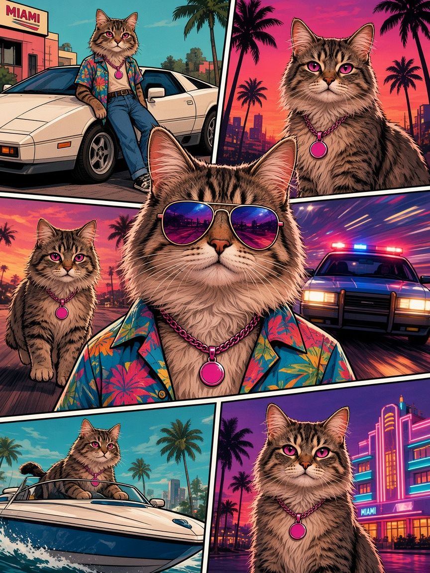 Comic cover-art collage: Dacity Cat in sunglasses and a Hawaiian shirt, with a sports car, police cruiser, speedboat and neon hotel panels