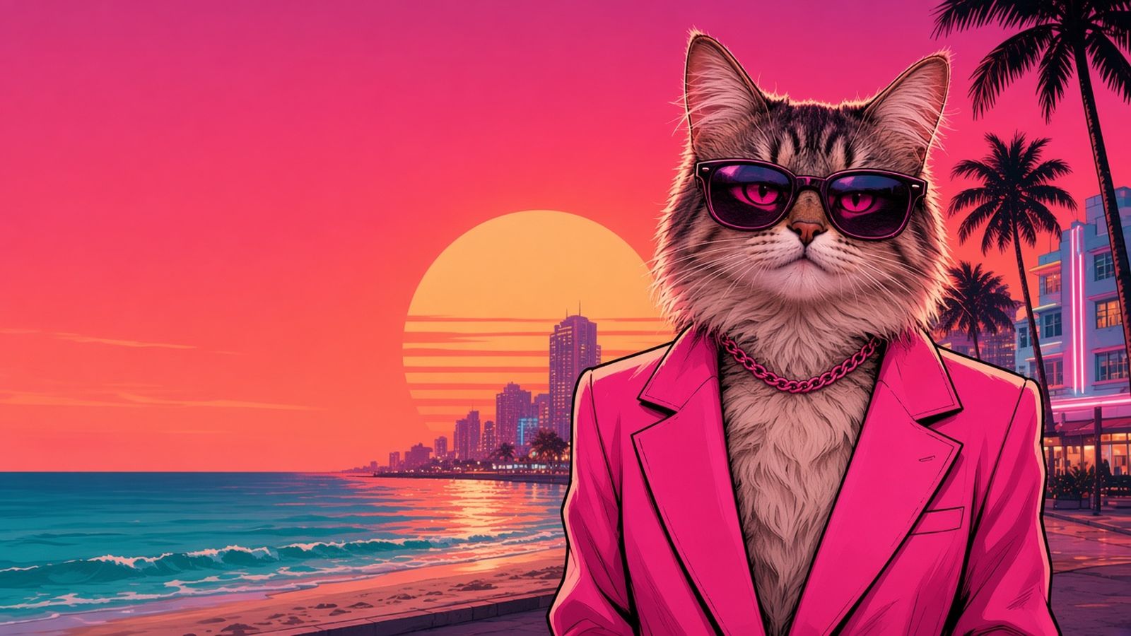 Dacity Cat in sunglasses and a pink blazer on a palm-lined ocean drive at sunset
