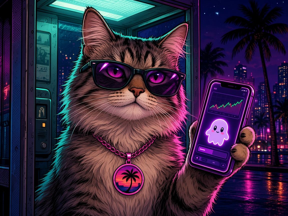 Dacity Cat in a neon phone booth holding a phone with a wallet app