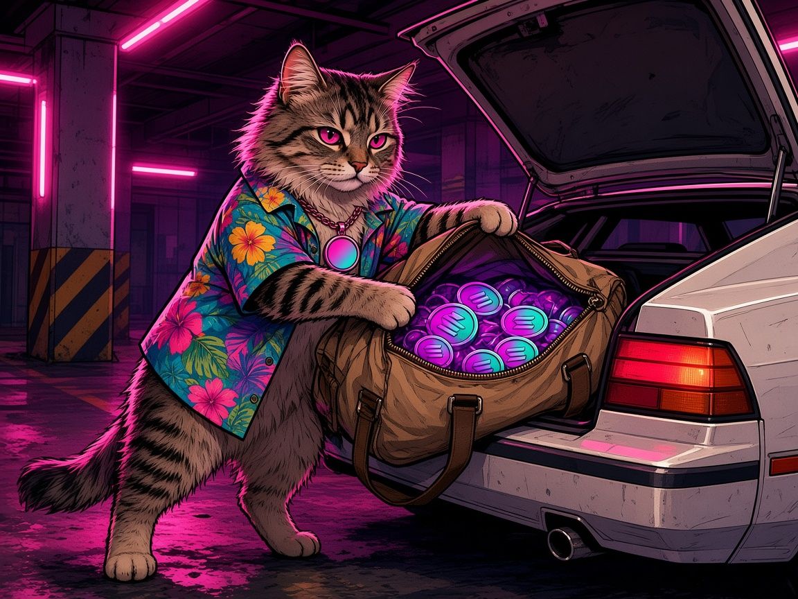Dacity Cat loading a duffel bag of glowing coins into a car trunk in a parking garage