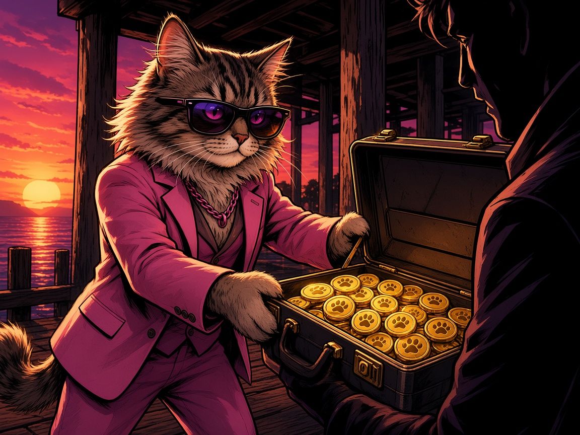 Dacity Cat in a pink suit swapping briefcases of coins under a pier at sunset