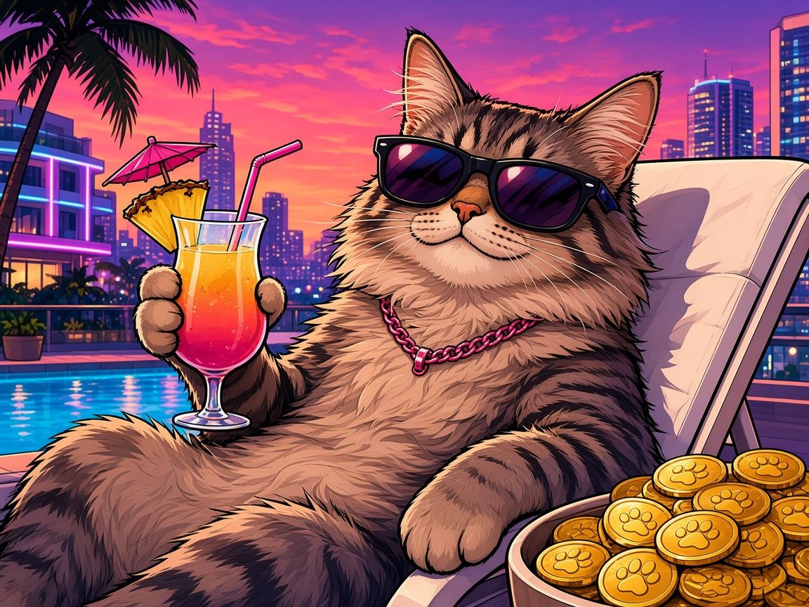 Dacity Cat lounging by a rooftop pool with a cocktail and a pile of paw-print coins