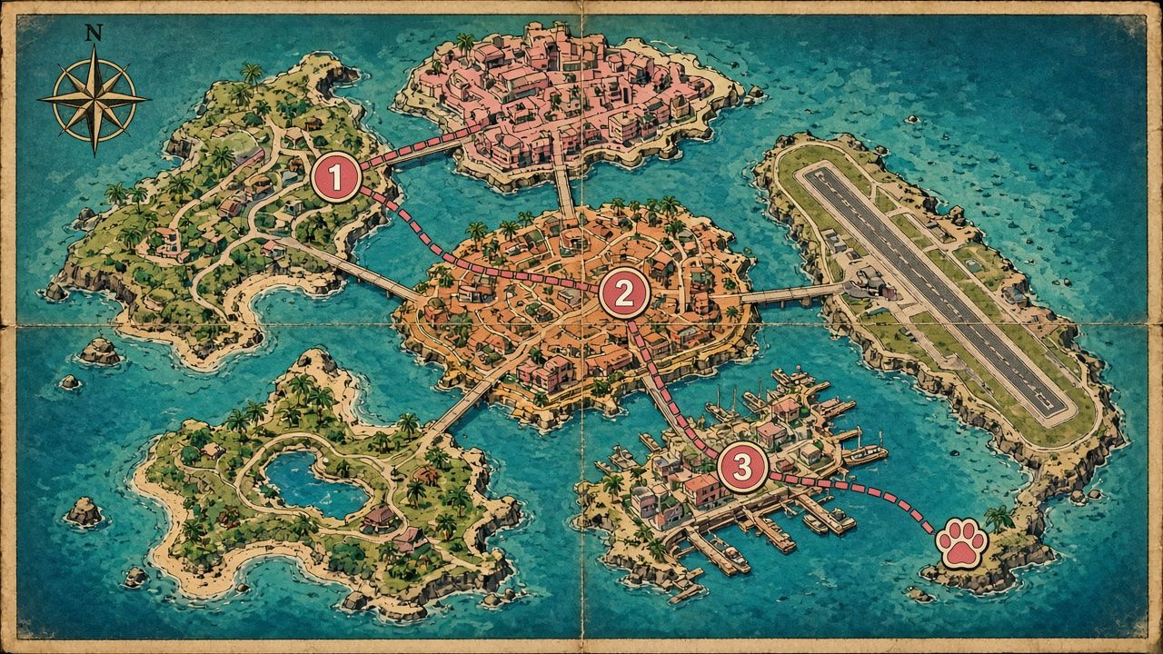 Stylised island city map with a dashed route through numbered waypoints to a paw marker