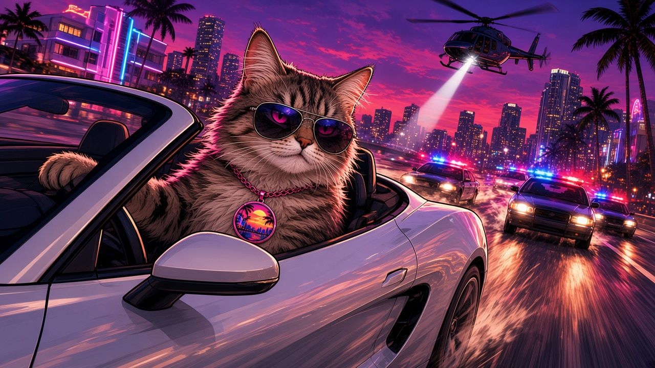 Dacity Cat in a white convertible with police cars and a helicopter chasing at dusk