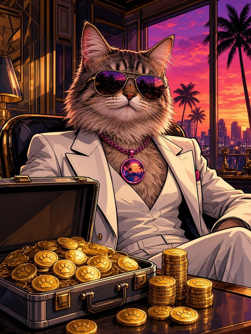 Dacity Cat in a white suit beside a briefcase overflowing with paw-print gold coins
