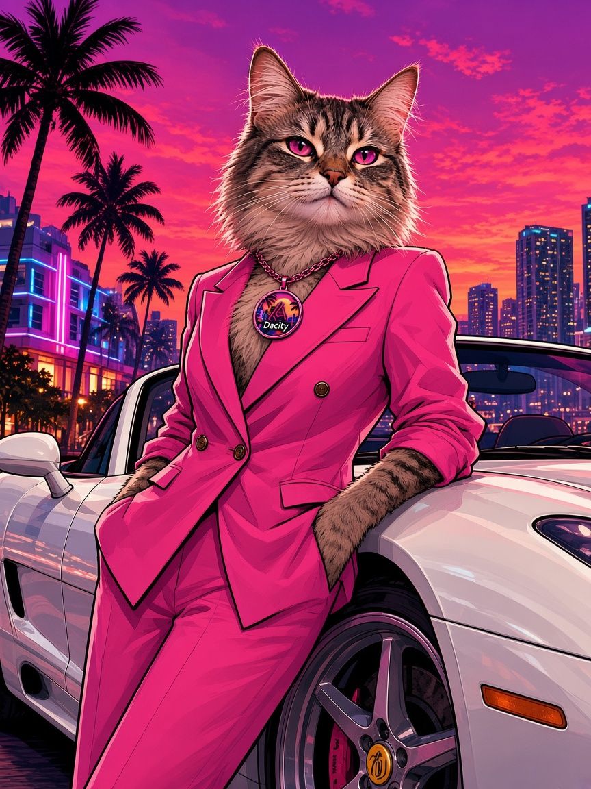 Dacity Cat in a pink double-breasted suit leaning on a white convertible at sunset