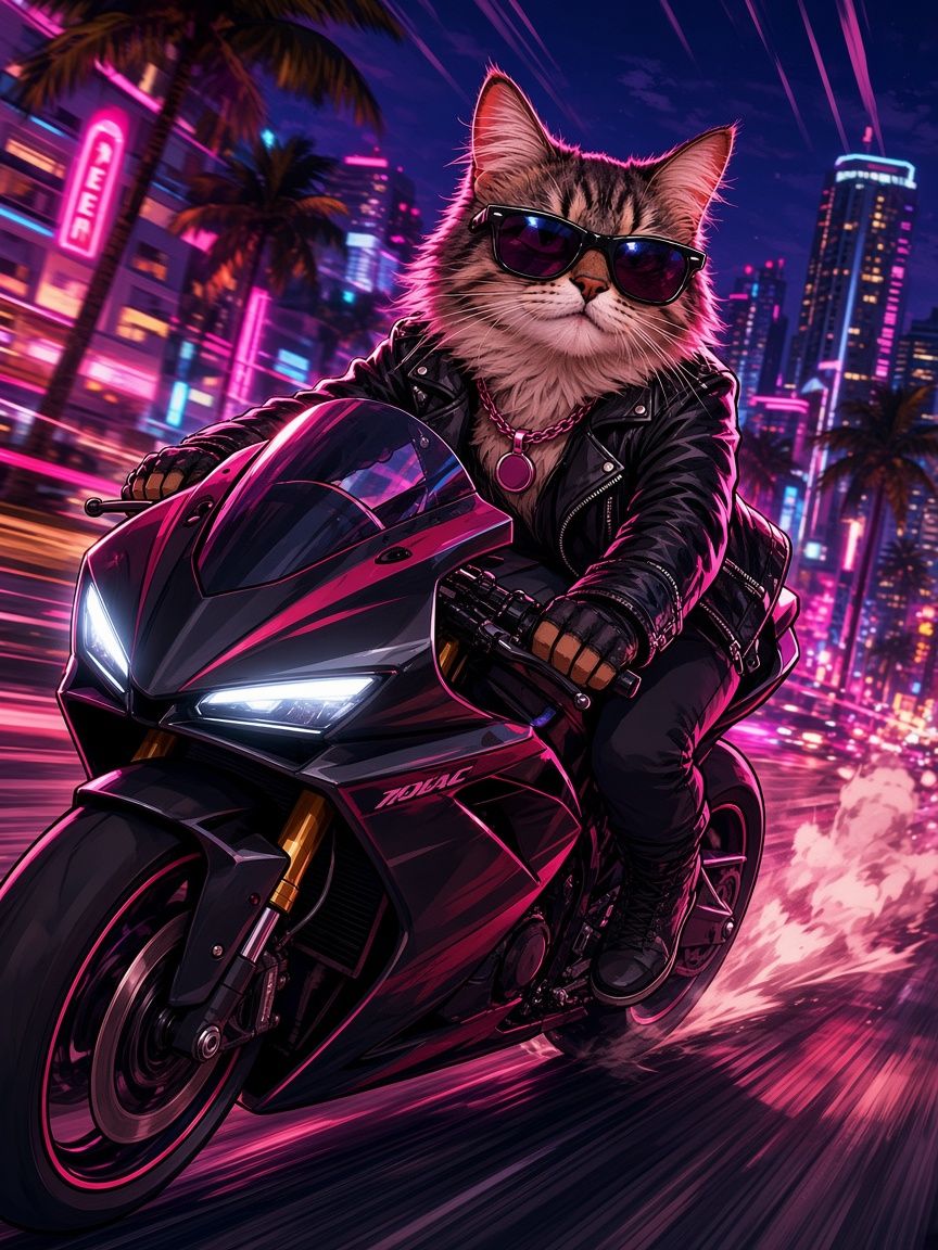 Dacity Cat in a leather jacket riding a sport motorbike down a neon street