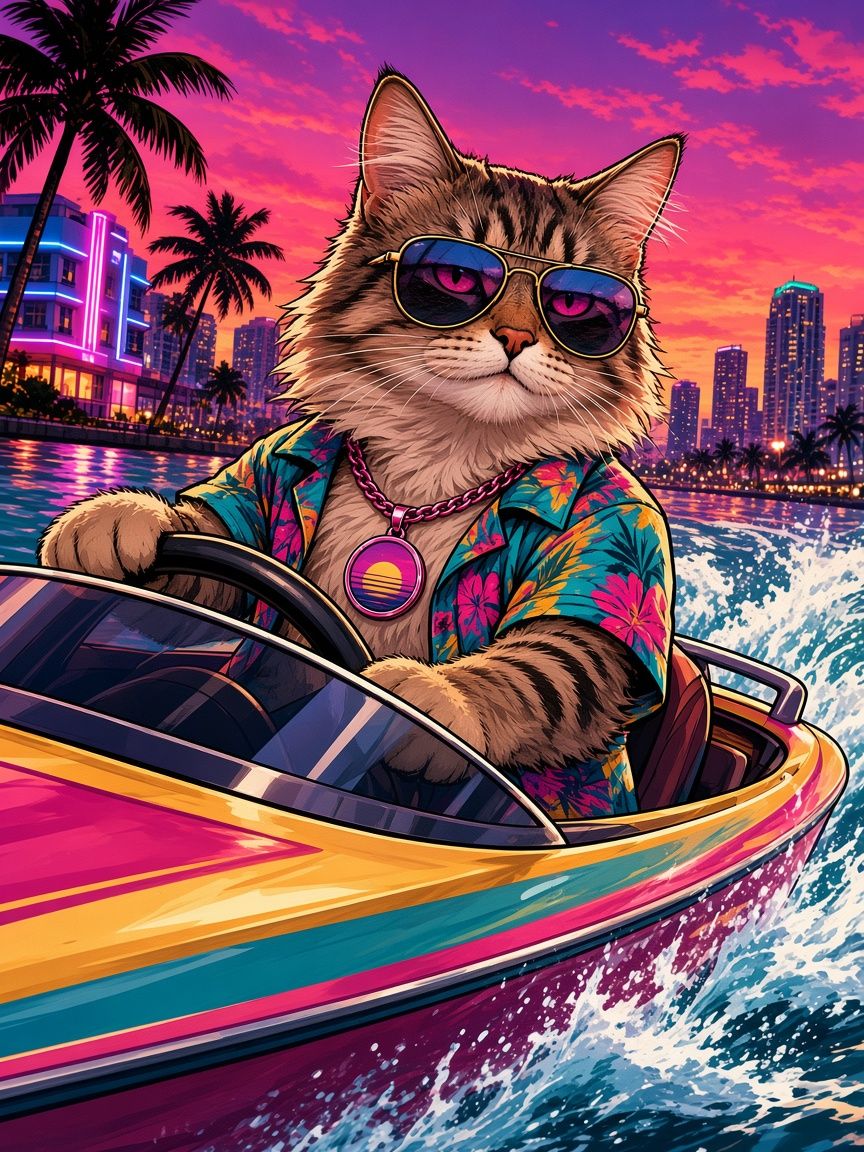 Dacity Cat in sunglasses and a Hawaiian shirt driving a pink and yellow speedboat