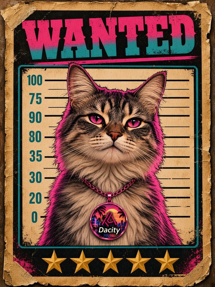 Wanted poster mugshot of Dacity Cat with five gold stars